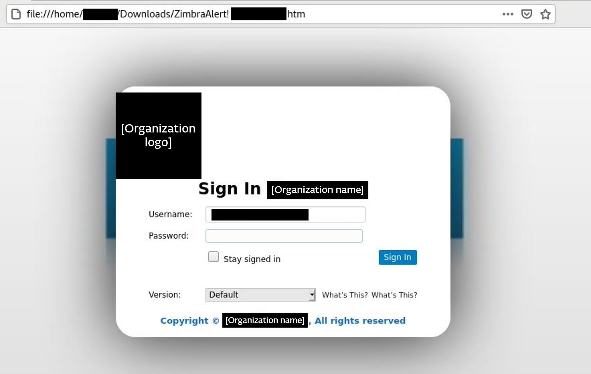 fausse page de connexion Zimbra