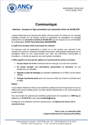 Message frauduleux sur la subvention de Noël