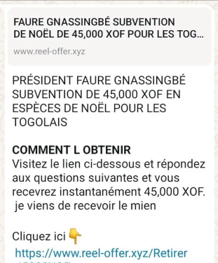 Message frauduleux sur la subvention de Noël
